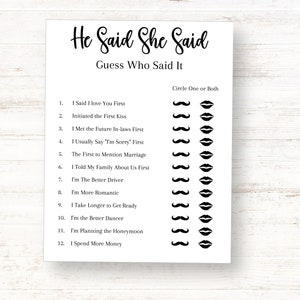 He Said She Said Bridal Shower Game Minimalist bridal game Guess Who Said It He Said She Said Game
