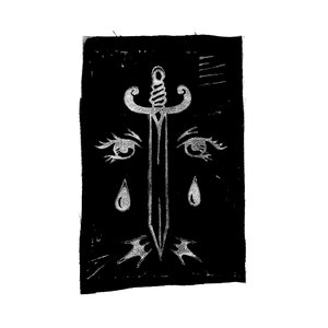 May include: Black and white illustration of a sword with ornate hilt, flanked by stylized eyes and teardrops. The design is set against a black rectangular background, with a textured appearance.