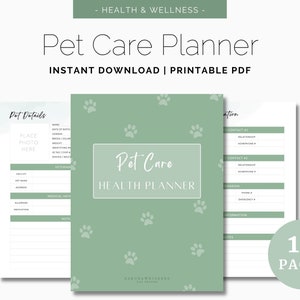May include: Printable pet care planner with paw print design. The planner includes sections for pet details, medical information, veterinarian information, and emergency contact information. The cover features the text "Pet Care Health Planner" and a green background with white paw prints. The planner has 10 pages.