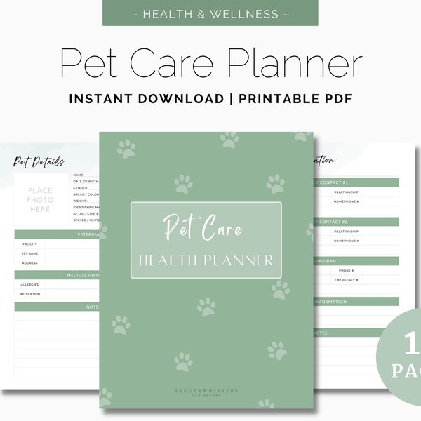 Pet Care Tracker Health Wellness Planner | Cat Health Pet Journal Log Records | Digital Printable PDF Organizer/Tracker