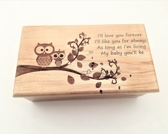 Personalized Owl Music Box, Owl Music Box Music Box, Custom Owl Traditional Wood Music Box, gift for child, owls on a branch, kids birthday