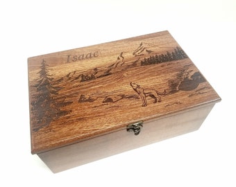 Personalized Mountain Wolf Memory Box 12x8x4, Custom Hand Made Wood Keepsake Box, 5 year Anniversary, gift for him, Rustic Wolf Memorial Box