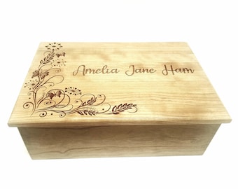 Personalized Floral Memory Box 12x8x4, Custom Hand Made Wood Keepsake Box, Daughter Gift, Personalized Keep Sake Box, Granddaughter Gift