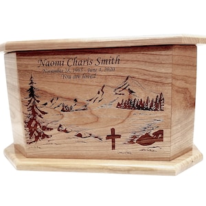 Mountain Cross Urn Custom Engraved, Forest Lake Landscape Design Urn, Engraved Wooden Urn, Rustic Design Urn, Religious Funeral Urn