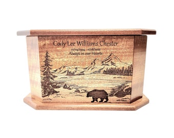 Mountain Bear Urn Custom Engraved, Handmade Wooden Urn, Mountaineer Rustic Urn, Funeral Ashes Cremation Box, Northeast Black Bear Urn