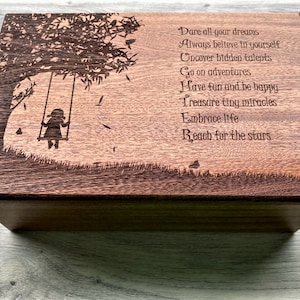 Personalized Daughter Memory Box 12x8x4, Custom Hand Made Wood Keepsake Box, wedding gift for daughter, Little Girl on Swing Memory Box