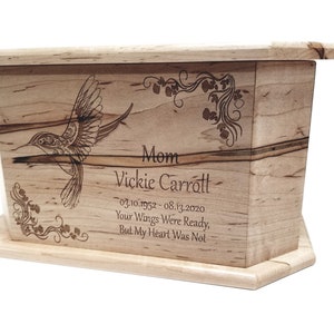 Humming Bird Urn Custom Engraved, Handmade Wooden Urn, Hummingbird Memorial Funeral Urn, Mother Grandmother Urn, Feminine Ashes Box