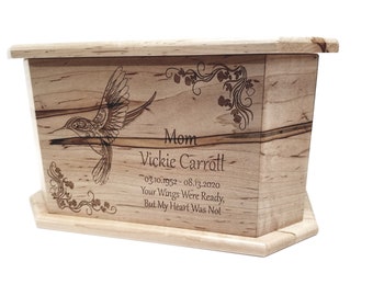 Humming Bird Urn Custom Engraved, Handmade Wooden Urn, Hummingbird Memorial Funeral Urn, Mother Grandmother Urn, Feminine Ashes Box