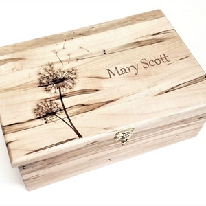 Scatola dei ricordi personalizzata con denti di leone 12x8x4, scatola dei ricordi in legno fatta a mano personalizzata, scatola dei ricordi personalizzata, 5° anniversario, scatola commemorativa