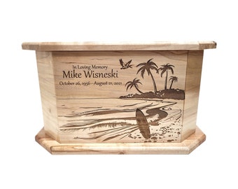 Beach Surf Urn Custom Engraved, Nautical Design Handmade Wood Urn, Beach Memorial Funeral Urn, Coastal Palm Tree Cremation Urn, California