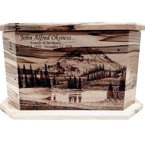 Mt Rainier Urn Custom Engraved, Mt Rainier Landscape Design Urn, Mountain and Lake Design Urn, Rustic Urn, Cremation Urn