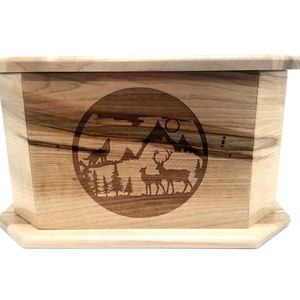 Mountain Life Urn Custom Engraved, Handmade Wooden Urn, Mountain Design Deer Wolf Urn, Rustic Urn, Nature Urn, Cremation Ashes Funeral Box