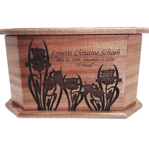 Iris Flowers Urn Custom Engraved, Custom Engraved Wooden Urn, Flower Memorial Funeral Urn, Family Ashes Box, Grandmother Urn, Floral Urn