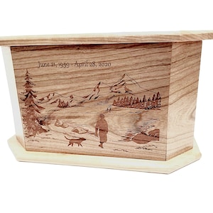 Man and Dog Mountain Lake Urn, Handmade Wooden Urn, Hunting Design Urn, Rustic Mountain Lake Design Urn, Cremation Funeral Ashes Box