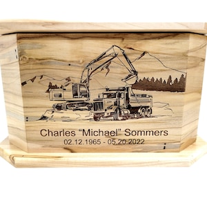Trackhoe Operator Urn Custom Engraved, Handmade Wooden Urn, Construction Worker Urn, Trackhoe Driver Urn, Trackhoe Dumptruck Mountain Urn