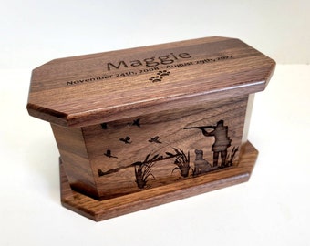 Personalized Handmade Wood Man and Dog Urn, Dog Ashes Box, Custom Engraved Wooden Dog Urn, Hunting Dog Urn, Engraved Pet Urn, Small Pet Urn
