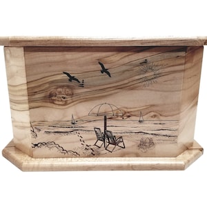 Beach Scene Urn Custom Engraved, Nautical Design Handmade Wood Urn, Rustic Urn, Beach Memorial Funeral Urn, Ocean Cremation Urn