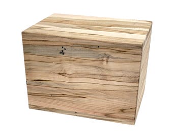 May include: A wooden box with a natural wood finish. The box is rectangular in shape and made from solid wood.
