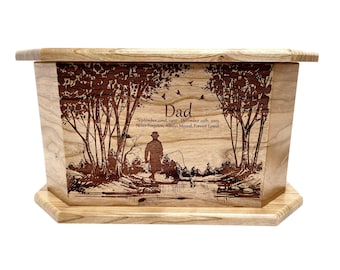 Man Fishing Urn Custom Engraved, Handmade Wooden Urn, Fisherman Design Urn, Rustic Mountain Lake Design Urn, Cremation Funeral Box