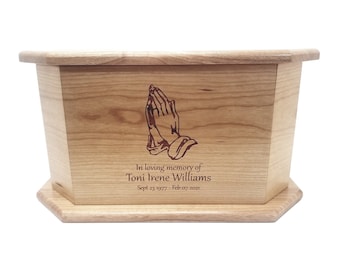 Prayer Urn Custom Engraved, Handmade Wooden Urn, Prayer Hands Wood Ashes Box, Cremation Urn, Religious Urn