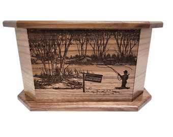 Fly Fishing Urn Custom Engraved, Handmade Wooden Urn, Mountain River Design Urn, Rustic Memorial Urn, Fisherman Urn, Flyfishing Urn