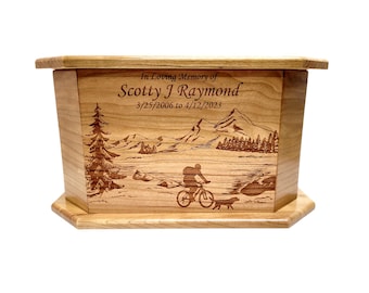 Mountain Biking Urn Custom Engraved, Handmade Wooden Urn, Mountain Lake Design Urn, Rustic Memorial Urn, Biker Dog Urn, Mountain Biking Urn