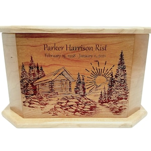 Mountain Cabin Urn Custom Engraved, Handmade Wooden Urn, Mountain Lake Design Urn, Rustic Memorial Urn, Man Urn, Father Urn, Grandfather Urn