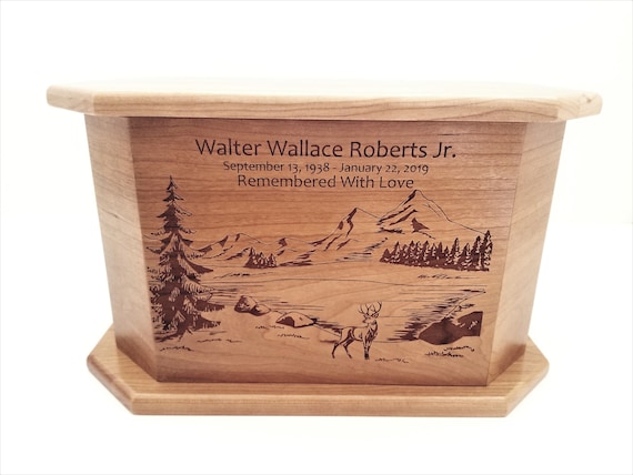 Mountain Deer Urn Custom Engraved, Hunting Design Urn,Engraved Wooden Urn, Mountain Lake Design Urn, Rustic Urn, Deer Memorial Cremation Box