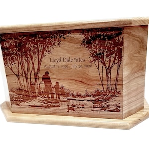 Father Daughter Forest Pond Urn Custom Engraved, Handmade Wooden Urn, Mountain Lake Design Urn, Rustic Urn, Dad Daughter Urn, Funeral Urn