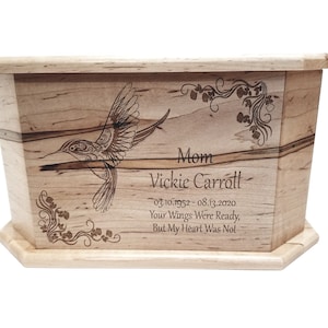 Hummingbird Urn Custom Engraved, Handmade Wooden Urn, Humming Bird Memorial Funeral Urn, Mother Grandmother Urn, Feminine Ashes Box