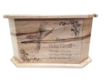 Hummingbird Urn Custom Engraved, Handmade Wooden Urn, Humming Bird Memorial Funeral Urn, Mother Grandmother Urn, Feminine Ashes Box