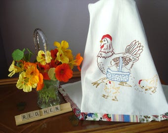 Chicken Dish Towel Flour Sack Hand Embroidered with Feed Sack Trim