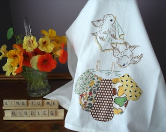 Flour Sack Towel Hand Embroidered Birds Vintage Repurposed Quilt Block