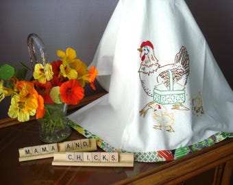 Chicken Dish Towel Flour Sack Hand Embroidered with Feed Sack Trim