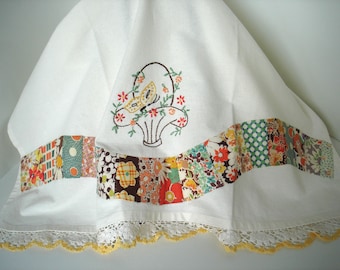 Appliqued Flour Sack Towel Recycled Vintage Quilt Block Hand Embroidered