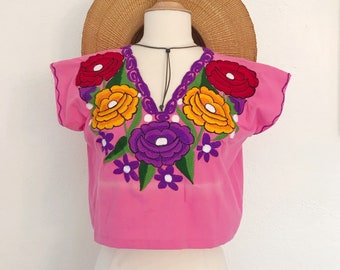 Reworked Vintage Embroidered Flower Top | Pink Crop Top