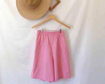 Vintage 80s Pink Twill Paper Bag Shorts: High-Waisted Bermuda