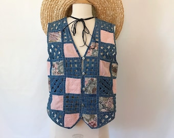 Vintage 1990's Denim Patchwork Tapestry Vest
