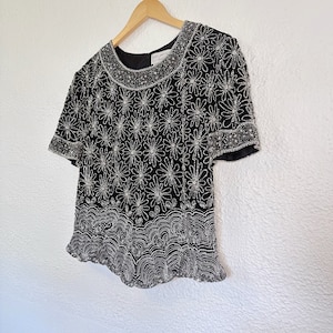 Vintage 1980&#39;s Silk Beaded Floral Top