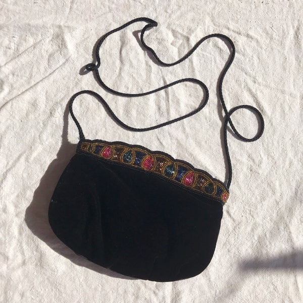 Velvet Beaded Bag | Vintage 1980's Black Velvet Evening Bag