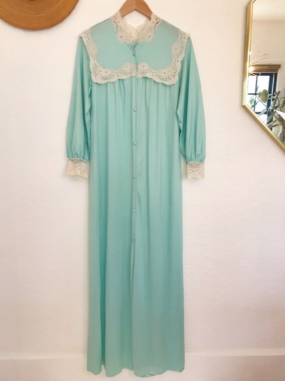 Vintage Lace Robe | 1980's Satin Mint Robe with Lace … - Gem