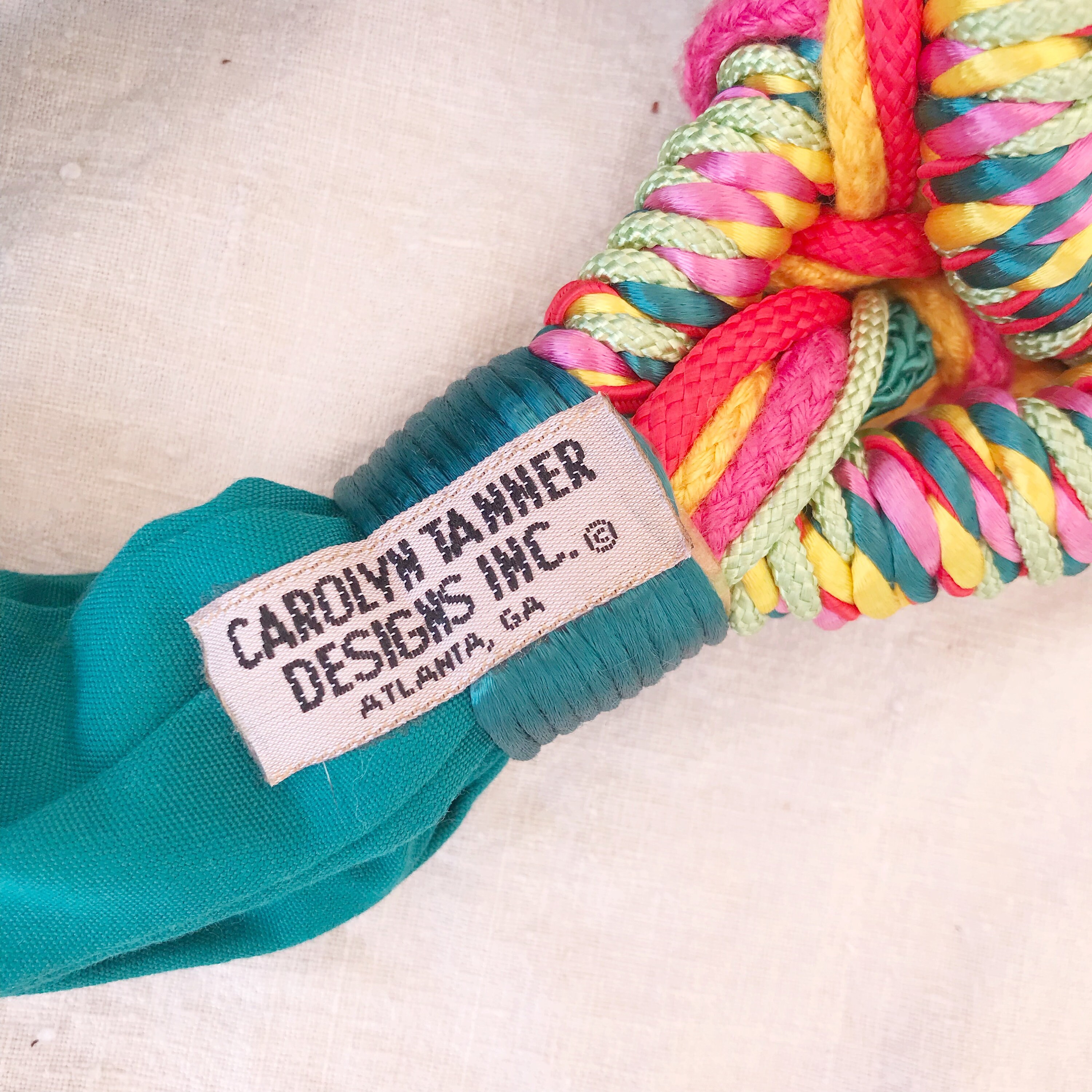 Vintage Carolyn Tanner Teal and Rainbow Woven Cord Beaded 