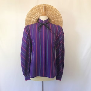 Stripe Blouse | Liz Claiborne Vintage 1980&#39;s Puff Sleeve Stripe Blouse