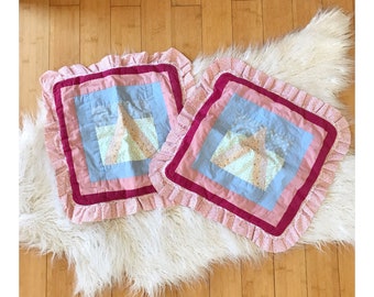 Vintage Pink Ruffle Patchwork Quilt Pillow Shams | Set of 2