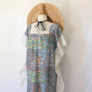 Vintage 1970&#39;s Floral Kaftan Dress with Crochet