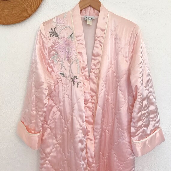 Vintage Embroidered Robe | 1980's Natori Pink Sat… - image 5