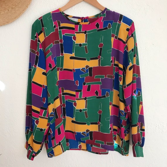 Vintage 1980's Colorful Abstract Geometric Blouse - image 4