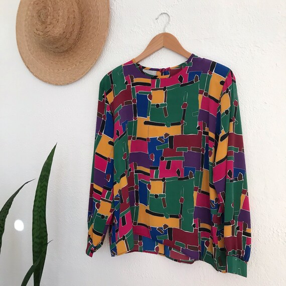 Vintage 1980's Colorful Abstract Geometric Blouse - image 2