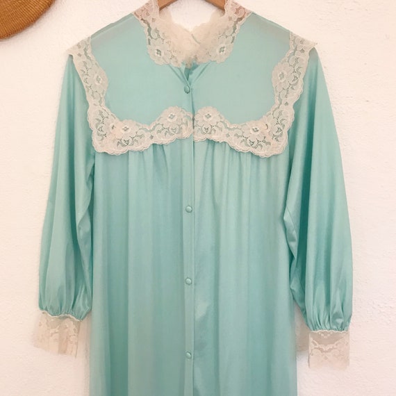 Vintage Lace Robe | 1980's Satin Mint Robe with L… - image 5