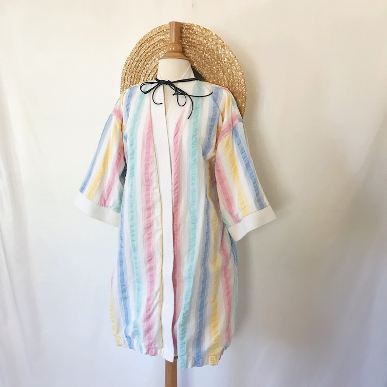 Vintage 1980's Pastel Stripe Terry Cloth Towel Robe Etsy
